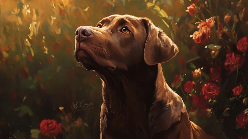 Warm backlit portrait of brown dog in painterly flower field