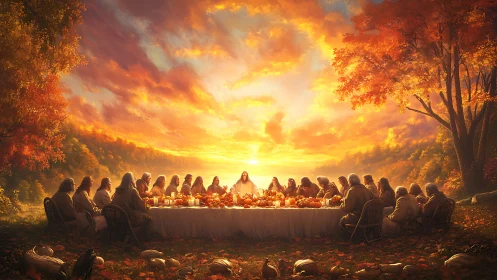 Group seated at outdoor harvest table under dense sunset sky