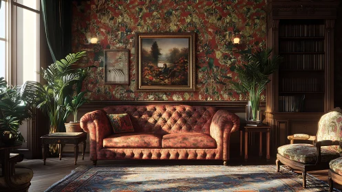 Cozy vintage sitting room with sunlit sofa and lush plants.