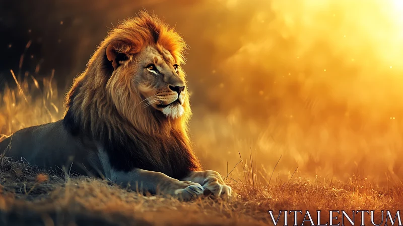 Majestic lion rests in golden grass under glowing sunset haze