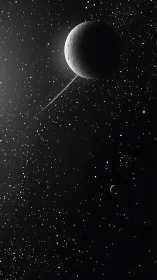 Backlit cratered moon with curved ejecta trail in dense starfield