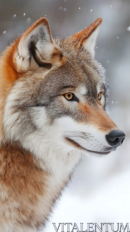 Wild wolf portrait in falling snow, sharp winter profile.