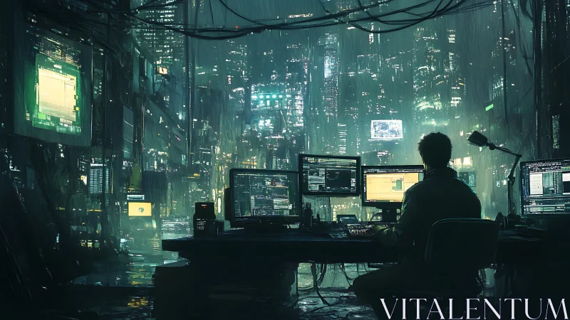 Night coder quietly shapes a neon city from a rainy loft
