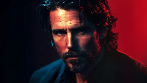 Male portrait under contrasting blue and red lighting.