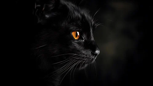 Black cat with golden eyes against dark background.
