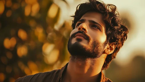 Warm dusk portrait of pensive man in golden bokeh glow.