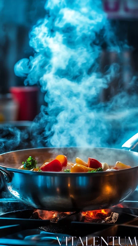 Steam pirouettes above a skillet of jewel bright vegetables