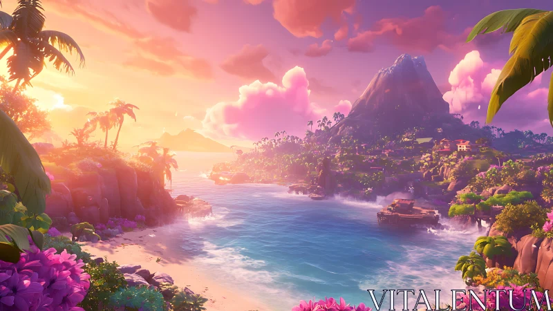 Tropical Island Landscape with Mountain and Sunset Lighting