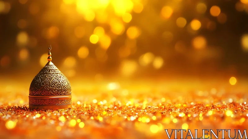 Golden Ramadan lantern glows softly amid warm bokeh light