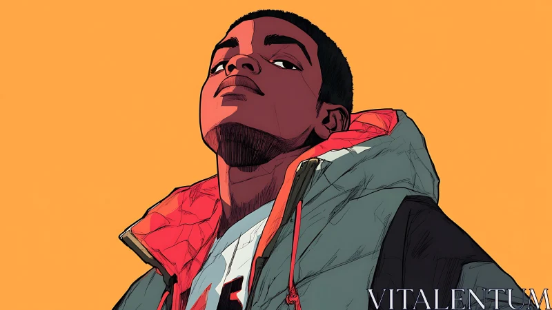 Confident young man in hooded jacket on bold orange background.