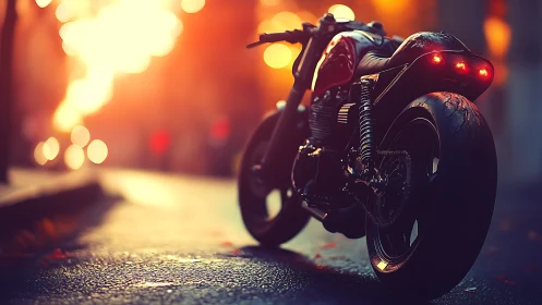 Custom motorcycle on wet city street at sunset light.