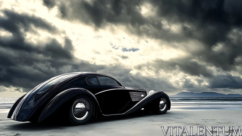 Sleek vintage coupe broods on a windswept, stormy shoreline
