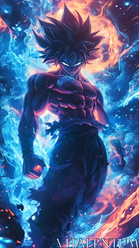 Fiery anime warrior rising in swirling blue and orange light.