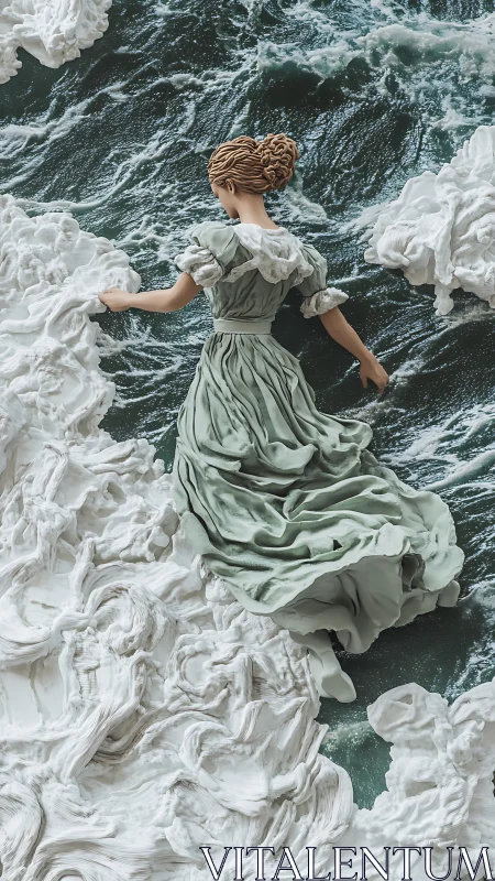 Seagrass dress drifts as sculpted waves braid around her
