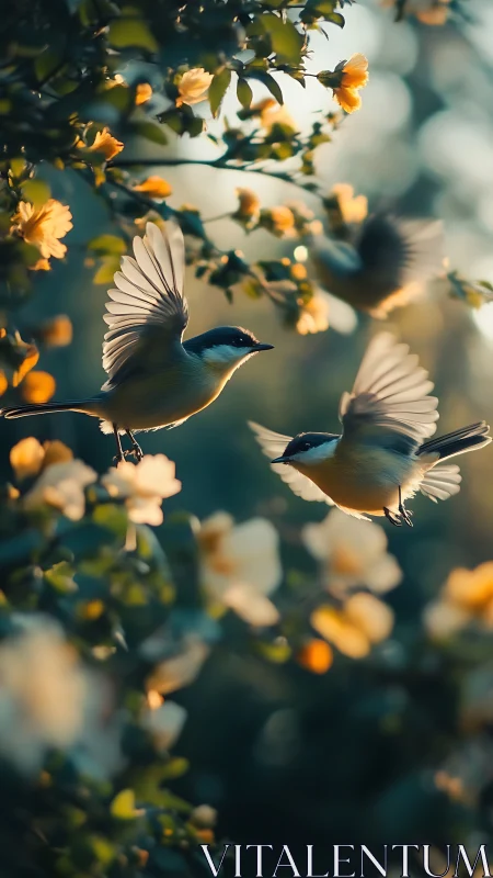 Morning light welcomes two songbirds dancing among blooms
