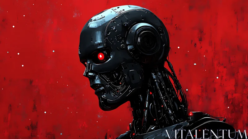 Cybernetic skull profile glows against blood-red void.