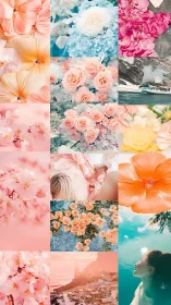 Vibrant Floral Mosaic: Soft Pastels and Tropical Elements Collage.