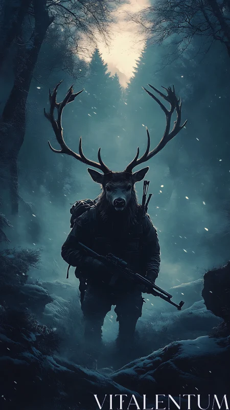 Stag headed soldier stalks misty winter forest at dusk.