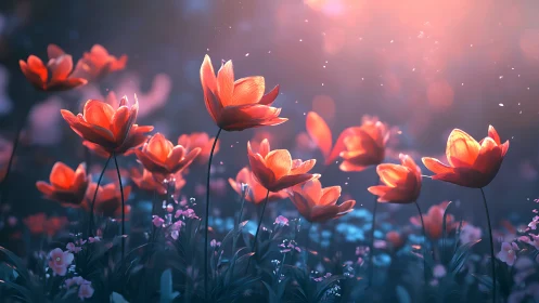 Luminescent Red Tulips with Bokeh Atmospheric Lighting Effect