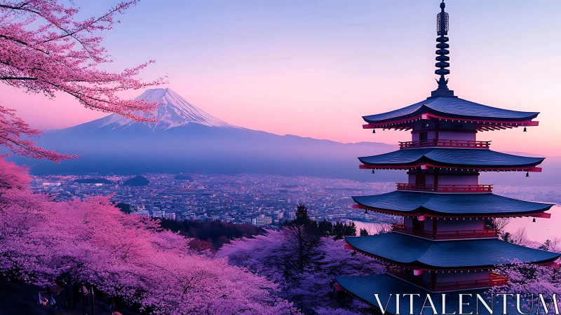 Layered pagoda overlooks urban valley beneath distant peak