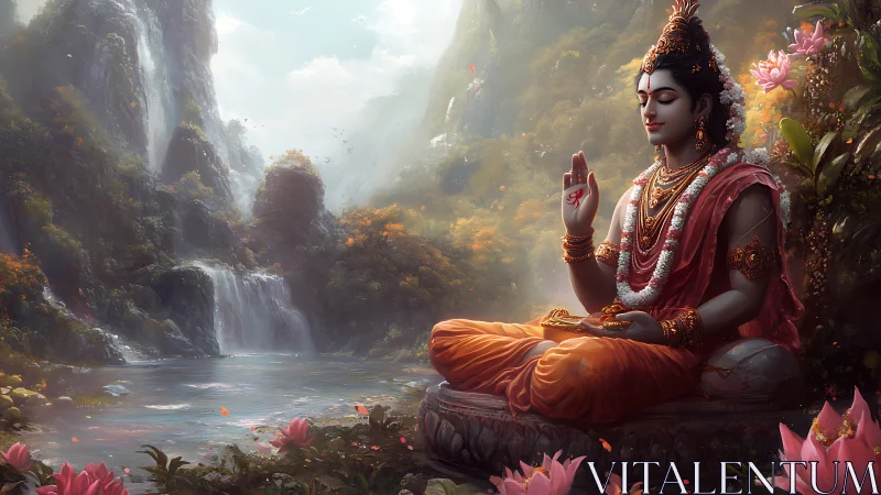 Serene deity meditates beside waterfalls in lush valley
