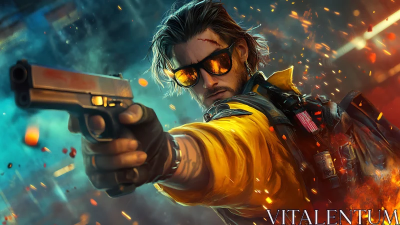 Gunman locks aim through blazing neon combat chaos.