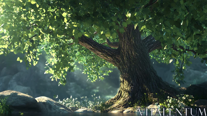 Sunlit forest tree rendered with high-detail 3D foliage shading