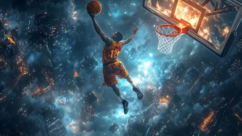Aerial basketball dunk across ignited cyber-metropolis skyline.