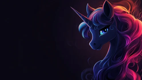 Iridescent unicorn portrait with neon gradients on black field.