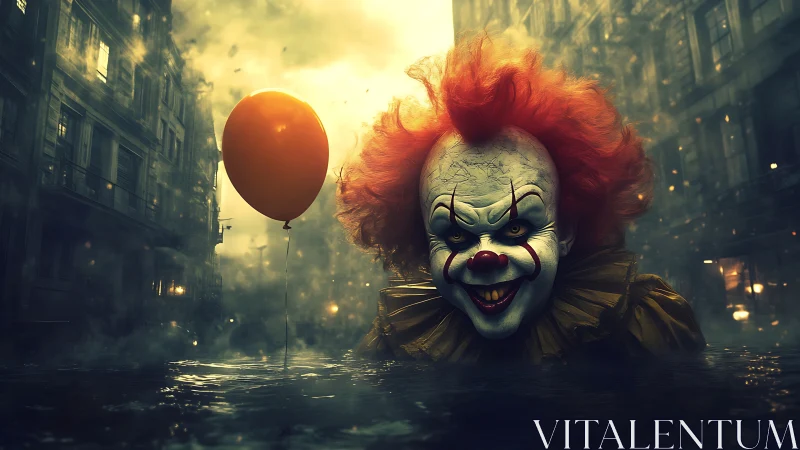 Clown figure emerging from flooded street with balloon.
