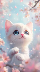Ethereal White Kitten Among Cherry Blossoms.