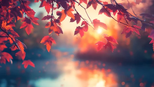 Autumn maple leaves glow against a dreamy sunset lake scene.