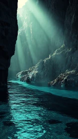 Turquoise cavern inlet with volumetric light beams and mist.