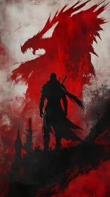Dark warrior confronts looming dragon shadow in crimson sky