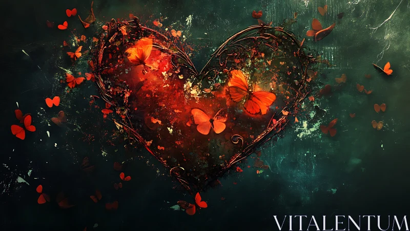 Heart Form With Orange Butterflies Against Dark Green Background.