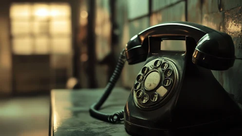Vintage rotary desk telephone in shallow depth warm interior