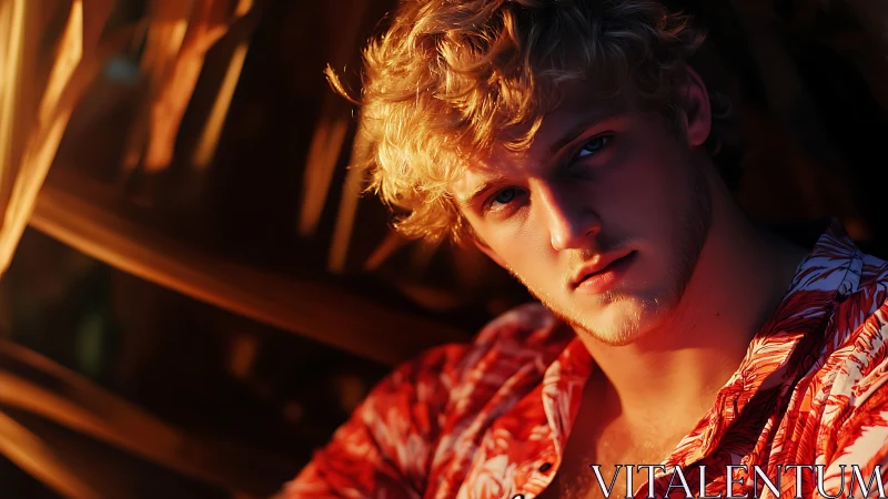 Sunlit beach drifter in molten gold and hibiscus shirt.