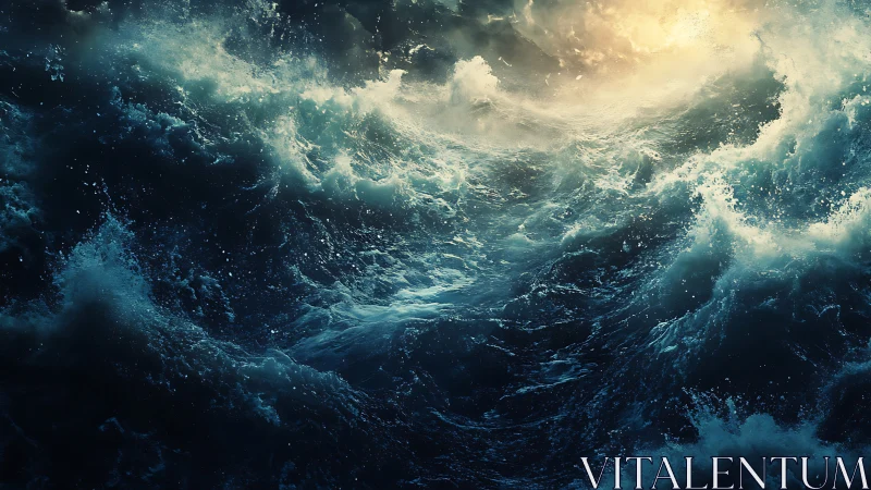 Powerful ocean waves under dramatic storm light.