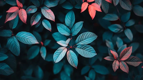 Bicolor foliage array under teal–magenta spectral remapping.