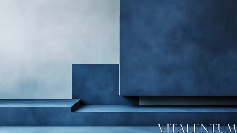 Minimalist blue podium architecture in soft ambient light.