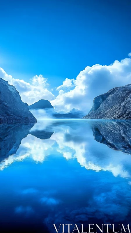 Symmetric alpine fjord reflection with high dynamic clarity.