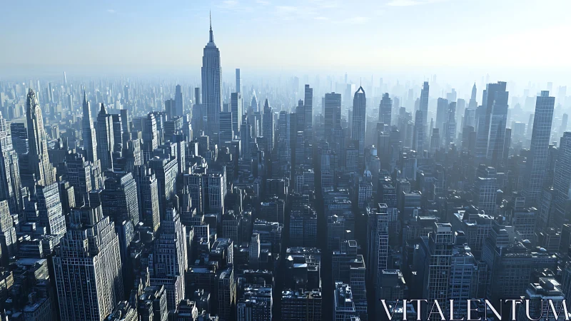 Morning aerial of dense high-rise skyline in cool haze.