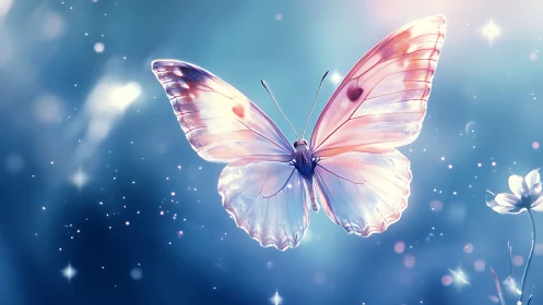 Iridescent butterfly against dreamy blue bokeh sky.