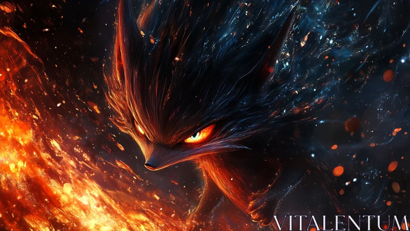 Fiery fox-like spirit emerging through swirling embers.