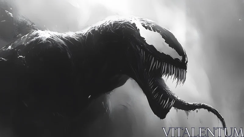 Monochrome nightmare serpent lunges through swirling fog banks.