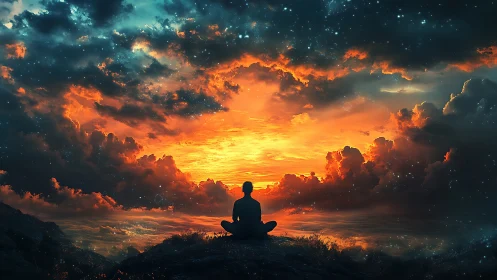 Silhouetted meditator observes volumetric nebula sunset gradient