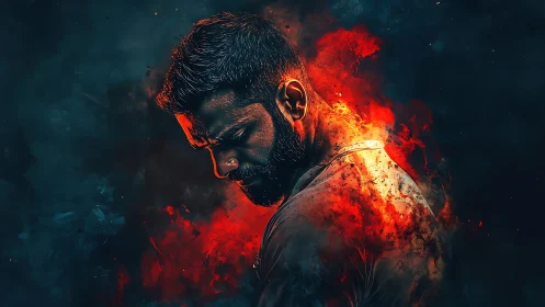 Brooding portrait framed by fiery light and deep shadows.