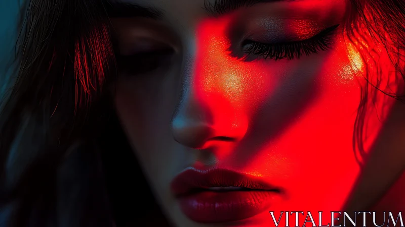 Close-up portrait in intense red and shadowed light.