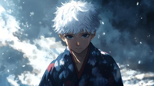 White haired anime youth in patterned robe under cloudy sky.