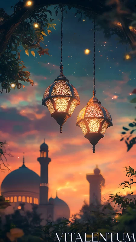 Hanging lattice lanterns before domed mosque at sunset.
